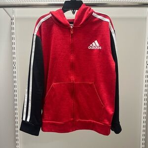 adidas Red and Black Full-Zip Kids Hoodie with White Stripes
